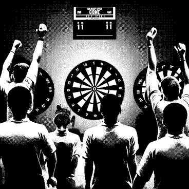 Two teams of dart players are positioned at opposite ends of a well-lit dartboard area. Each team consists of three players wearing matching uniforms. One team has players with short, dark hair and focused expressions, while the other team features players with longer hair and determined looks. The dartboard is prominently displayed on the wall, surrounded by a cheering crowd filled with spectators. The atmosphere is filled with excitement as a player on each team prepares to throw a dart, their arms raised and poised for action. The scoreboard is visible above, displaying the current scores.