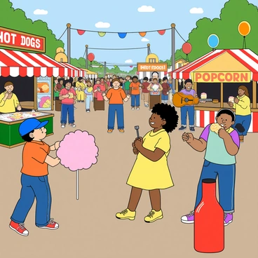 A colorful street festival bustling with activity. In the foreground, several children with different hair colors and styles are playing games, each holding a toy prize. One child, wearing a blue cap, is tossing rings onto a bright red bottle. Nearby, a girl with curly hair is laughing as she eats a large cotton candy, its fluffy pink color contrasting with her yellow dress. In the background, food stalls are set up, with banners displaying "Hot Dogs" and "Popcorn" in bold letters. A musician in a bright shirt plays a guitar, surrounded by happy festival-goers dancing to the lively music. Balloons of various colors float in the air, adding to the festive atmosphere.