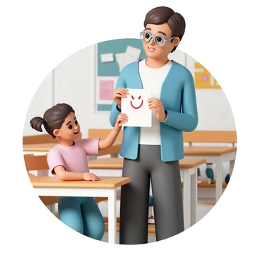 A teacher, wearing glasses, a blue cardigan, and dark pants, is standing in a classroom. The teacher has short brown hair and is smiling while holding a graded paper that has a large "smiley face" drawn on it in red ink. The student, a young girl with pigtails and wearing a pink shirt and blue jeans, is sitting at a desk with a look of joy on her face, reaching out to take the paper. The classroom is filled with colorful educational posters on the walls, and there are wooden desks arranged in neat rows.