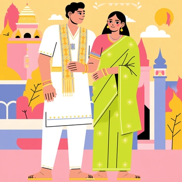 A Maharashtrian couple standing side by side, dressed in traditional attire. The man is wearing a white dhoti paired with a colorful kurta and adorned with a decorative scarf. The woman is dressed in a bright green saree with intricate gold patterns and is wearing traditional jewelry including bangles and earrings. They are posing against a vibrant mural that showcases elements of Maharashtrian culture, including traditional instruments, folk art, and famous landmarks. The mural features rich colors, such as red, yellow, and blue, creating a lively background that enhances their cultural heritage.
