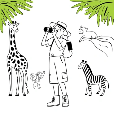 A cartoon girl with pigtails and wearing a wide-brimmed hat is standing on a grassy area in a jungle. She is holding a pair of binoculars up to her eyes, looking intently into the distance. The girl is wearing a short-sleeved shirt and cargo shorts, with sturdy hiking boots. Surrounding her are various wild animals, including a giraffe with a long neck, a playful monkey swinging on a branch, and a zebra grazing in the background. Lush green foliage and tall trees frame the scene, creating a vibrant jungle atmosphere.