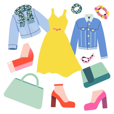A mosaic of various fashion pieces is displayed, featuring a collection of garments and accessories. The pieces include a bright yellow dress, a blue denim jacket, and a pair of red high-heeled shoes. Accessories such as a green handbag, a patterned scarf, and a chunky bracelet are also present. Each item is presented in a geometric, fragmented layout that highlights their shapes and colors. The arrangement creates an eye-catching composition with overlapping and intersecting elements, showcasing the diversity of fashion in a unique way.