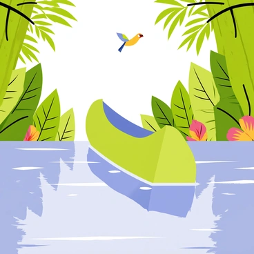 A green canoe gliding smoothly through the tranquil waters of the Amazon River. The river features gentle ripples and reflections of the surrounding environment. Dense jungle foliage frames the scene, with vibrant green leaves and tall trees creating a lush backdrop. A few colorful tropical flowers punctuate the greenery, adding splashes of color. A distant bird with bright feathers can be seen in the trees, enhancing the lively atmosphere of the jungle setting.