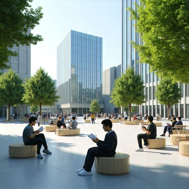A central city square bustling with activity. In the foreground, there are several people sitting on benches and at tables, engrossed in reading books. The library, a large modern building with sleek glass windows and a contemporary design, stands prominently in the background. Bright sunlight casts shadows on the ground, and a few trees provide greenery around the square. The atmosphere is lively with individuals of diverse backgrounds, some chatting quietly, while others are focused on their reading.