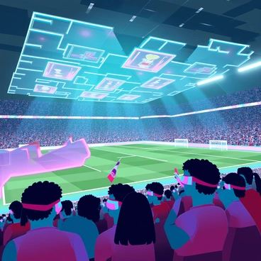 A large crowd of sports fans in a stadium, all wearing neon-colored 3D glasses. The fans have diverse appearances, with some waving banners and wearing team jerseys. The atmosphere is vibrant, filled with excitement as they watch an intense game unfolding on the field. Enhanced visuals appear on the large screens above, showcasing dynamic graphics and holographic animations that interact with the live action. Bright stadium lights beam down, illuminating the fans and enhancing the overall energy of the scene.