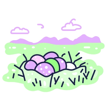 A nest site is positioned on an open plain, surrounded by tufts of grass. In the center of the nest, there are multiple dinosaur eggs, varying in size and texture, some with small speckles and others with smooth surfaces. The eggs are nestled in a shallow depression lined with grass and small twigs. In the background, distant hills rise gently against the horizon, and a few scattered clouds drift across the sky. The scene captures the serenity of the environment and the promise of new life within the eggs.