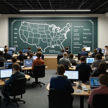 A large chalkboard mounted on the wall of a bustling newsroom. The chalkboard is filled with detailed electoral vote tallies written in white chalk. Various states are outlined and labeled, each with its corresponding number of electoral votes marked clearly. The background features desks with reporters seated and working, stacks of papers, and digital screens displaying news updates. The room is illuminated with bright overhead lights, creating a focused environment. Several journalists are engaged in conversation, while others are taking notes or using laptops.