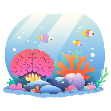 A vibrant underwater scene features coral reefs that resemble brain cortexes, with intricate lobes and folds. The coral structures are a mix of bright colors, including deep pinks, vivid oranges, and electric blues. Sunlight filters through the water, casting shimmering patterns on the ocean floor. Various small fish swim playfully around the coral, their scales reflecting the light in a spectrum of colors. Soft swaying seaweed is visible in the background, adding to the lush, dynamic environment of this unique underwater landscape.
