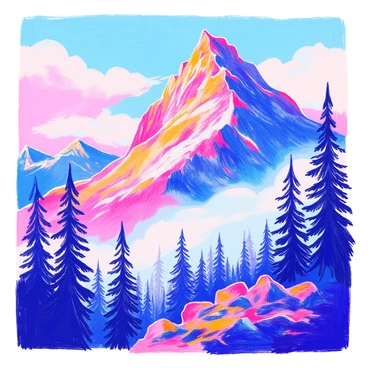 A mountain peak towers high against the sky, partially shrouded in swirling fog. The rocky surface of the mountain is rugged and textured, with sharp edges and crevices. Distorted shapes of boulders emerge from the mist, their forms highlighting the natural irregularities. Tall trees grow at the lower elevations, their dark silhouettes contrasting against the lighter fog. Some branches reach into the fog, creating an eerie atmosphere as they partially obscure the view of the mountain.