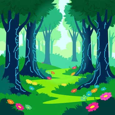 A lush forest filled with tall trees that have shimmering metallic leaves. The leaves catch the light, reflecting various colors as they rustle in the breeze. Each tree has intricate circuitry patterns woven through its bark, glowing softly in shades of blue and green. The ground is covered with vibrant green moss and dotted with colorful flowers that contrast against the high-tech trees. Sunlight filters through the canopy, creating dappled patterns on the forest floor.