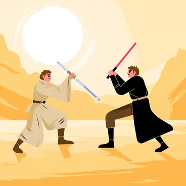 Two Jedi warriors in flowing robes, wielding glowing blue lightsabers, engage in an intense battle against two Sith with dark red lightsabers. The scene is set in a dramatic desert landscape, characterized by golden sands and sparse rocky outcrops. The sun casts long shadows, highlighting the determination on the warriors' faces. In the background, a swirling dust storm begins to form, adding to the tension of the confrontation. The Jedi and Sith exhibit dynamic poses, showcasing their skills in the midst of the fierce duel.