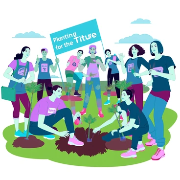 A diverse group of young activists is gathered in a lush green park, energetically planting saplings in neatly dug holes. Each activist is dressed in casual, colorful clothing, showcasing various eco-friendly logos and slogans on their shirts. Some of them are holding small shovels, while others are watering the newly planted trees with reusable canisters. In the background, there are people jogging and enjoying the park, with bright blue skies and fluffy clouds overhead. The atmosphere is filled with determination and teamwork as they work together to promote sustainability and environmental awareness. "Planting for the future" is written on a banner held by one of the activists.