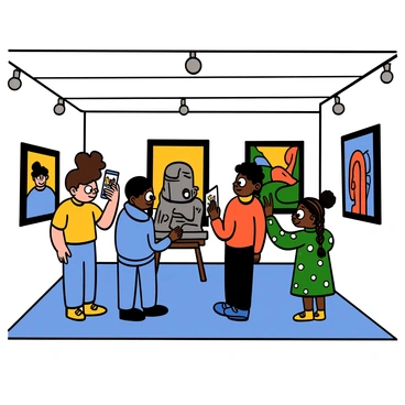 A group of four adolescents exploring exhibits in an art museum. There is a light-skinned girl with big eyes and curly hair wearing a yellow t-shirt, looking intently at a painting. Next to her, a dark-skinned boy with big eyes and short hair is taking a photo of a sculpture with his smartphone, dressed in a blue hoodie and jeans. A light-skinned boy with big eyes and straight hair is reading the information plaque in front of an abstract painting, wearing a red sweater and black pants. Completing the group, a dark-skinned girl with big eyes and braided hair is pointing at a colorful mural, wearing a green dress with white polka dots. The walls of the museum are adorned with various art pieces, and there is soft lighting illuminating the space.
