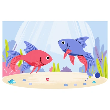 A pair of betta fish with vibrant blue and red colors are performing a delicate dance in an underwater ballroom. The fish are gracefully swimming around each other, their flowing fins creating elegant trails in the water. The ballroom is adorned with colorful coral formations and shimmering bubbles rising towards the surface. Soft light filters through the water, casting sparkling reflections on the sandy floor. The atmosphere is lively with small, curious sea creatures observing the mesmerizing dance.