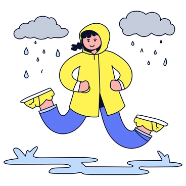 A runner wearing a bright yellow raincoat. The raincoat has a hood that is pulled up, with raindrops splashing off the surface. The runner's feet are splashing through several puddles, sending water droplets into the air. The ground is wet, and dark gray clouds are visible in the sky. The scene conveys the movement of the runner as they joyfully navigate through the rainy environment.