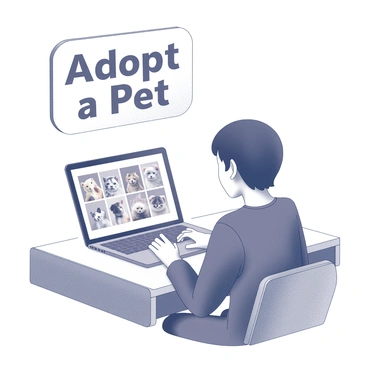 A person sitting at a desk with a laptop open in front of them. The screen displays a grid of photos featuring various cute pets, such as kittens and puppies. The person is leaning slightly forward, showing interest in the images. Above the laptop, there is a sign that reads "Adopt a Pet" in large, bold letters. The room is simple in design, with minimal decor.