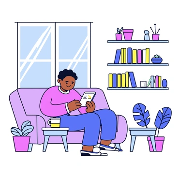 A young individual scrolling through job listings on social media while relaxing at home