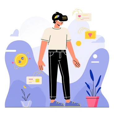 A 3D human figure wearing a black virtual reality headset stands in an immersive gaming environment. The figure has an athletic build and is reaching out towards colorful interactive elements that float around them. Bright, geometric shapes and holographic interfaces are visible, glowing with neon colors. The background features a digital landscape with abstract designs and patterns, enhancing the virtual reality experience.