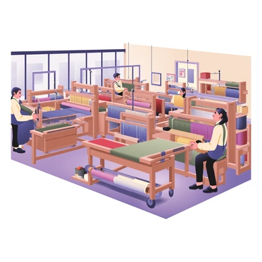 A digital flat illustration depicting a busy textile factory filled with rows of textile looms actively weaving colorful fabrics. Each loom is intricately detailed, showcasing vibrant threads in hues of red, blue, yellow, and green. Workers are positioned at various looms, focused on their tasks; one worker has dark hair and is wearing a blue apron while another has light hair and is dressed in a yellow shirt. The factory has large windows allowing natural light to illuminate the space, highlighting the textures of the woven fabrics. Spools of thread in a variety of colors are stacked on shelves nearby, contributing to the lively atmosphere of the scene.