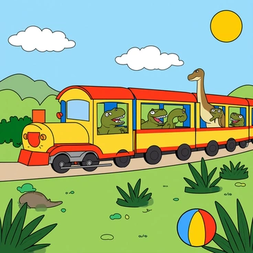 A colorful cartoon train chugging along a vibrant green landscape filled with prehistoric plants. The train is bright yellow with red and blue accents. It features several open carriages, each filled with cartoon-style dinosaurs of various kinds. In the first carriage, a friendly T-Rex with a big smile and tiny arms waves enthusiastically. Next to it, a long-necked Brachiosaurus peeks its head out, its eyes wide with excitement. In another carriage, a group of small, playful Velociraptors are seen laughing and playing with a colorful beach ball. The sky is a clear blue, dotted with fluffy white clouds, and a bright sun shines down on this lively scene.