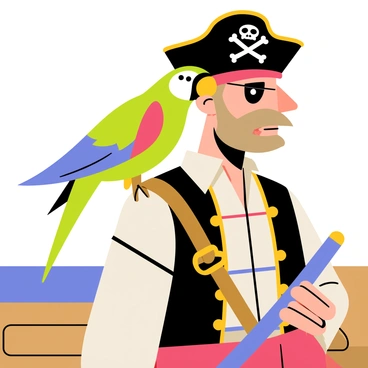 A colorful parrot with vibrant green, blue, and red feathers perched on a pirate's shoulder. The parrot has a playful expression and its beak is slightly open, as if it is squawking amusing phrases. The pirate is wearing a classic tricorn hat adorned with a skull and crossbones. He has a scruffy beard and an eyepatch over one eye. The pirate's clothing consists of a rugged vest and a striped shirt, with a cutlass sheathed at his waist. The background features a wooden ship's deck and the ocean in the distance.