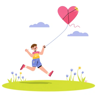 A child with short brown hair wearing a colorful t-shirt and blue shorts is running in a green, grassy field. The child is holding a long string attached to a large "heart-shaped kite" soaring high in the blue sky. The kite is vibrant, featuring a mix of red and pink colors with a playful pattern. In the background, there are gently swaying wildflowers and a few fluffy white clouds scattered across the sky, emphasizing the breezy atmosphere of the day. The sunlight casts soft shadows on the ground, highlighting the joy of the moment.