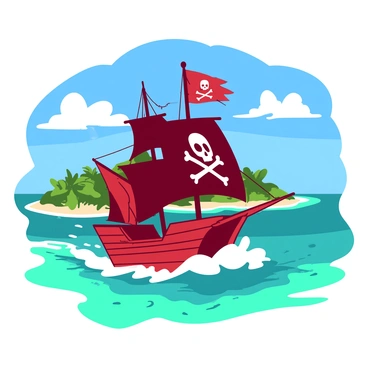 A red pirate ship with tattered black sails is sailing on clear turquoise waters. The ship has a large skull and crossbones flag flying from the mast. In the background, there are several Caribbean islands with lush green vegetation and sandy beaches. The sky above is bright blue with a few fluffy white clouds scattered. The ship is leaving a frothy white wake as it moves swiftly across the water.