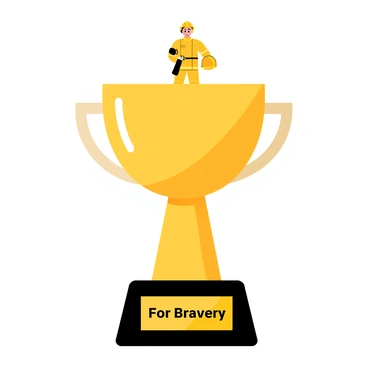 A shiny trophy with a polished gold surface, featuring a stylized firefighter figure on top. The trophy is mounted on a black rectangular base that has an engraved plaque displaying the words "For Bravery". The figure of the firefighter holds a helmet in one hand and a hose in the other, symbolizing courage and dedication. The trophy is illuminated by a spotlight, enhancing its reflective shine.