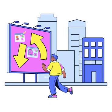 A person is walking along a city street with tall buildings in the background. They are wearing a casual outfit and looking up at a giant billboard. The billboard is vibrant and colorful, featuring bright lights that illuminate the surrounding area. Large arrows are prominently displayed, pointing towards a product showcased on the billboard. The scene captures the urban atmosphere in a clear and straightforward manner.