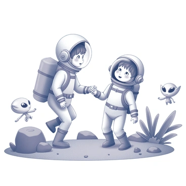 Two children wearing space suits are exploring an alien landscape. The space suits are equipped with helmets and reflective visors. The alien planet features unusual rock formations and exotic plants with unique shapes and textures. Friendly aliens are interacting with the children; one alien has three eyes and a wide smile, while another is small and floating. The scene captures the children's expressions of wonder as they interact with the vibrant environment around them.