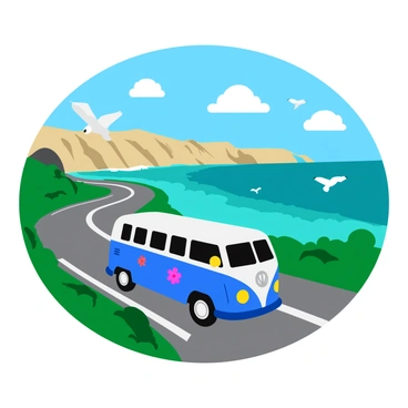 A colorful VW van is driving along a winding coastal road. The van has a bright blue and white paint job with flower decals on the sides. In the background, there are cliffs rising above the sparkling ocean, which reflects shades of turquoise and deep blue under the sunlight. Lush green vegetation lines the road, and there are a few seagulls flying above. The sky is clear with a few fluffy white clouds scattered throughout. The overall scene captures a sense of adventure and freedom.