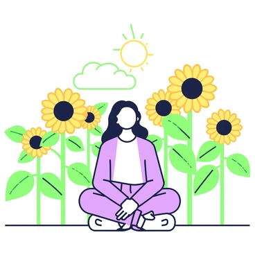 A person is sitting cross-legged in the middle of a sunflower field. The person has long hair and is wearing comfortable, loose-fitting clothing. They have their hands resting on their knees, palms facing up. Surrounding them, tall sunflowers stand with large, round yellow heads and vibrant green leaves, swaying gently in the breeze. The sky above is clear with a few fluffy clouds, creating a sense of openness. Sunlight bathes the scene, illuminating the sunflowers and casting soft shadows on the ground.