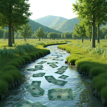 A river made of flowing dollar bills, with the texture and color of crisp banknotes, winds gracefully through a lush green landscape. The banks of the river are lined with vibrant grass and various plants, creating a rich contrast with the currency. Sunlight filters through tall trees, casting dappled shadows on the money as it flows gently downstream. In the background, rolling hills covered in greenery rise, adding depth to the serene scene. The atmosphere is calm and inviting, with no signs of human activity, emphasizing the beauty of nature and wealth coexisting harmoniously.