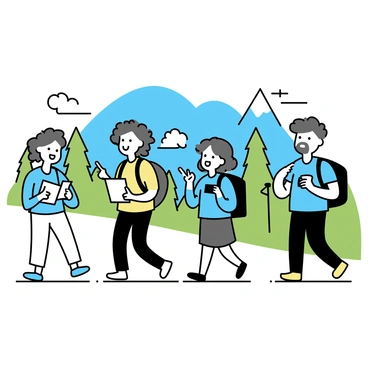 A group of four friends hiking on a mountain trail, all wearing denim blouses. The first friend, a woman with long brown hair, is smiling as she walks ahead, holding a walking stick. The second friend, a man with short hair, is taking a photo with a camera. The third friend, a woman with curly hair, is looking at a map. The fourth friend, a man with a beard, is carrying a backpack and pointing towards the mountain peak. The background features a blue sky with fluffy clouds and green trees lining the trail.