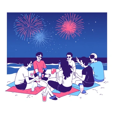 Friends gathered on a beach watching fireworks light up the night