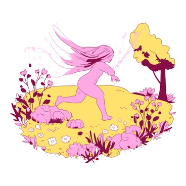 A pink spirit is frolicking through a yellow meadow filled with various wildflowers. The wildflowers bloom in an array of colors, creating a vibrant patchwork across the landscape. The spirit has flowing translucent wings that shimmer as it moves gracefully above the flowers. Sunlight filters through the leaves of nearby trees, casting soft shadows on the ground. The scene captures a sense of playful movement as the spirit dances among the flowers, leaving a trail of gentle sparkles behind.