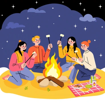 A group of four friends is sitting on a grassy area around a bright bonfire. The flames of the fire emit warm orange and yellow hues, illuminating their faces. Each friend holds a long stick with a marshmallow at the end, positioned over the fire, toasting the marshmallows to a perfect golden brown. The friends are wearing cozy fall attire, including sweaters and scarves. Above them, the night sky is filled with numerous twinkling stars, and a few fluffy clouds drift by. Nearby, a picnic blanket is spread out, with snacks and drinks placed on it, adding to the inviting atmosphere of the scene.