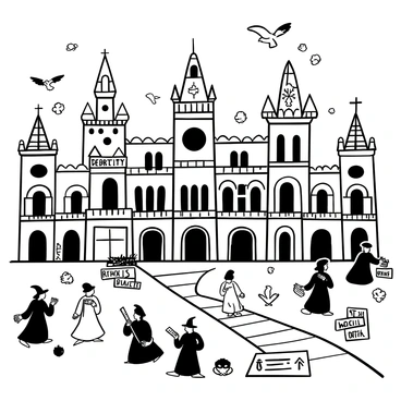 The chaotic and grand architecture of the Unseen University with wizards bustling about