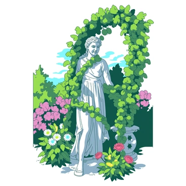 A weathered statue stands in the center of a vibrant garden, adorned with intricate details that show signs of aging. The statue is partially obscured by lush green vines that gracefully snake around its base and limbs, creating a natural frame. Surrounding the statue are blooming flowers in various colors, adding life to the scene. Sunlight filters through the leaves overhead, casting soft shadows on the ground, enhancing the serene atmosphere of the garden. The statue exudes a sense of timeless beauty, standing resilient against the passage of time.