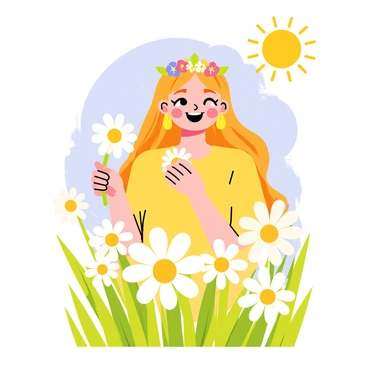 A girl with long, flowing hair wearing a "delicate flower crown" made of various colorful blossoms. She is standing amidst a "field of white daisies" with yellow centers. The sun is shining down, illuminating her joyful expression as she gently holds a daisy in her hand. The background is filled with green grass and a clear blue sky, creating a cheerful atmosphere.