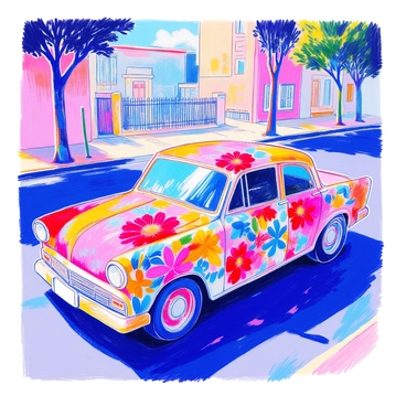 A car is parked on a street, its body completely covered in vibrant "abstract floral designs." The flowers are painted in various colors, featuring bold reds, bright yellows, deep blues, and soft greens. Each floral design flows seamlessly into the next, creating a dynamic and eye-catching pattern. The sunlight reflects off the car's surface, enhancing the colors of the artwork. Surrounding the car, the street is lined with trees and a blue sky can be seen in the background.