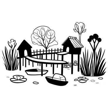 A small village constructed on stilts rises above the surface of a vast swamp. Wooden walkways connect the stilt houses, creating a network that weaves through the greenery. Tall reeds and lily pads surround the structures, with water gently rippling beneath. A few small boats are moored alongside the stilt houses, floating quietly on the surface. In the background, silhouette-like trees emerge from the swamp, their trunks partially submerged in the water. A mist blankets the scene, adding depth and atmosphere to the village setting.