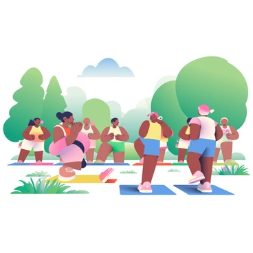 A vibrant outdoor fitness class is taking place in a lush green park. In the foreground, several participants with diverse appearances are performing flutter kicks in unison on colorful exercise mats. The individuals are wearing bright athletic apparel, including tank tops and shorts in various colors such as pink, blue, and yellow. A fitness instructor with a whistle is positioned at the front of the group, demonstrating the exercise and encouraging the participants. Surrounding the class are tall trees and patches of blooming flowers, while a clear blue sky is visible above.