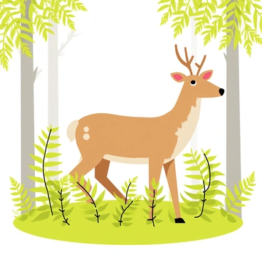 A young elk standing gracefully on a bed of lush green ferns. The elk has a soft brown coat with lighter patches along its sides. Surrounding the elk are various ferns with vibrant green fronds, some reaching towards the elk while others gently arch over. The forest environment is filled with tall, sturdy trees that create a canopy above, allowing dappled sunlight to filter through. The ground is slightly damp, with small patches of wet soil visible among the ferns.