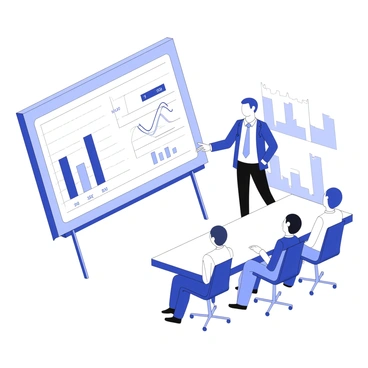 A businessperson is standing in a meeting room, pointing at a large financial chart displayed on the wall. The businessperson is dressed in formal attire, including a suit and tie. The chart features various graphs and data points, illustrating trends and statistics. Surrounding the businessperson are several chairs arranged around a conference table, with attendees seated and observing the presentation. The room is equipped with a large window that shows the outline of a cityscape in the background.