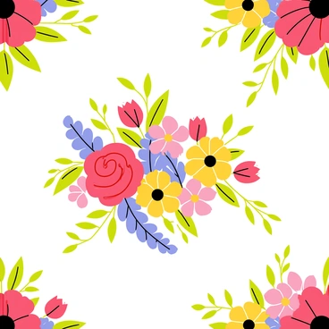A colorful explosion of flowers in full bloom cascades across a light pastel wallpaper. The design features large red roses, bright yellow sunflowers, delicate pink tulips, and deep purple lilacs. Each flower is illustrated with distinct petal shapes and vibrant colors, creating a lively and engaging pattern. Green leaves with intricate details are interspersed among the flowers, adding depth and contrast to the overall scene. The arrangement of flowers flows seamlessly, filling the entire wallpaper with an abundance of floral beauty.