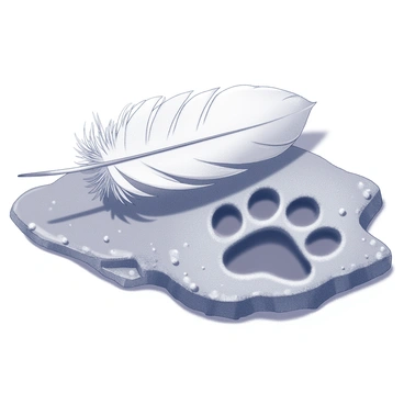 A delicate feather lies gently on the ground, its fine barbs elegantly displayed. Beside the feather, there is a distinct dog's paw print in the mud, showcasing the pads and claws of the canine. The surrounding earth is uneven and textured, indicating recent rainfall, with droplets still clinging to the surface. The scene conveys a sense of tranquility, highlighting the contrast between the lightness of the feather and the solid, earthy appearance of the paw print.