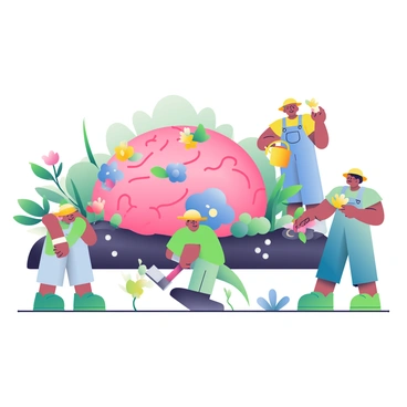 A group of miniature gardeners, each about six inches tall, is actively tending to a vibrant brain-shaped garden. The brain is surrounded by lush greenery, with colorful flowers blooming in various shades of pink, blue, and yellow, representing different neural connections. Each gardener, dressed in tiny overalls and sun hats, is equipped with small gardening tools. One gardener is pruning a plant, another is watering a flower with a tiny watering can, and a third is planting seeds in the rich, dark soil. The scene is filled with soft, gentle light, creating a serene atmosphere in this imaginative neural garden.