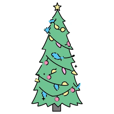 A Christmas tree, tall and green, stands prominently in the center of the image. The branches are adorned with various ornaments, including shiny red and gold baubles. Colorful feathers in shades of blue, pink, and yellow hang delicately from the branches. Twinkling lights are interspersed throughout the tree, adding a festive touch. A star topper sits at the peak of the tree, completing the decoration.