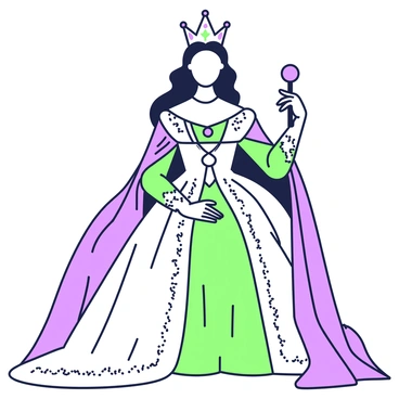A regal queen is sitting for a royal portrait. She has long, flowing hair adorned with an intricately designed crown that features ornate patterns and embellishments. The queen is wearing a luxurious gown with intricate details and embroidery, which flows elegantly around her as she sits. Her posture is proud and dignified, exemplifying authority. In her right hand, she holds a delicate scepter, while her left hand rests gracefully on her lap. The background is subtly adorned with draped fabrics, enhancing the royal atmosphere of the scene.